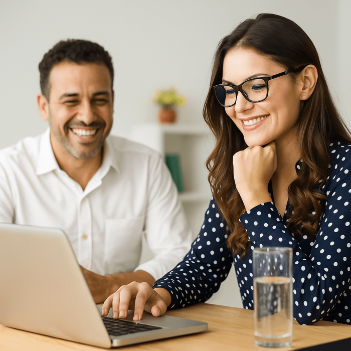 two executives staring at the laptop working online
